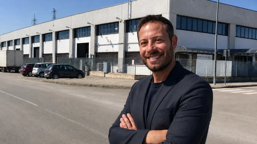 Simone Cavaricci in sopralluogo davanti a un'azienda